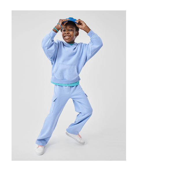 Kids Garment Dyed Premium Fleece Wide Leg Cargo Lounge Pants - blue