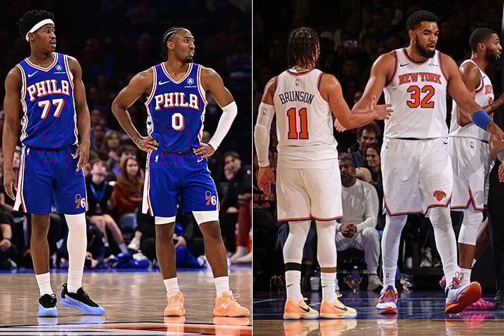 VJ Edgecombe, Tyrese Maxey, Jalen Brunson, Karl-Anthony Towns