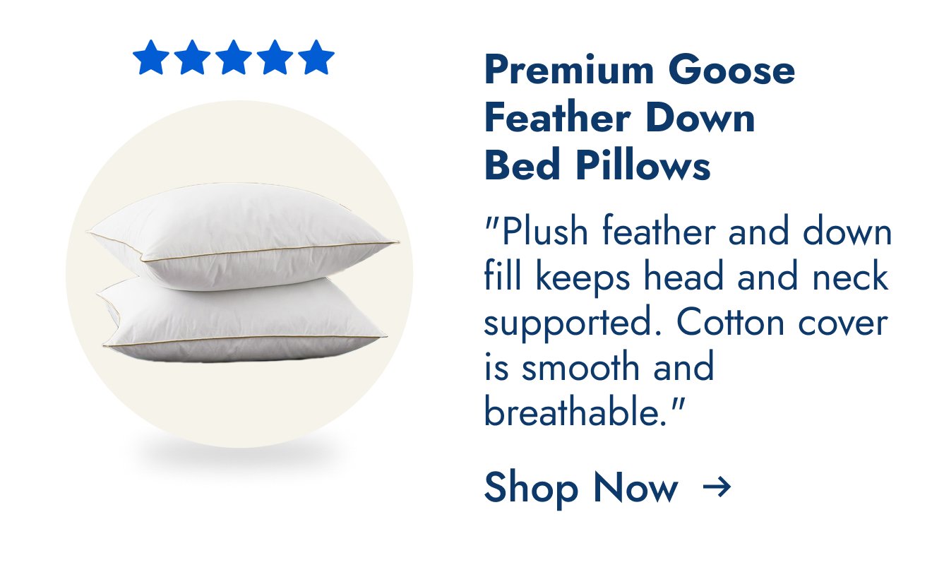 Set of 2 Premium Goose Feather Down Bed Pillows with Cotton Cover - White