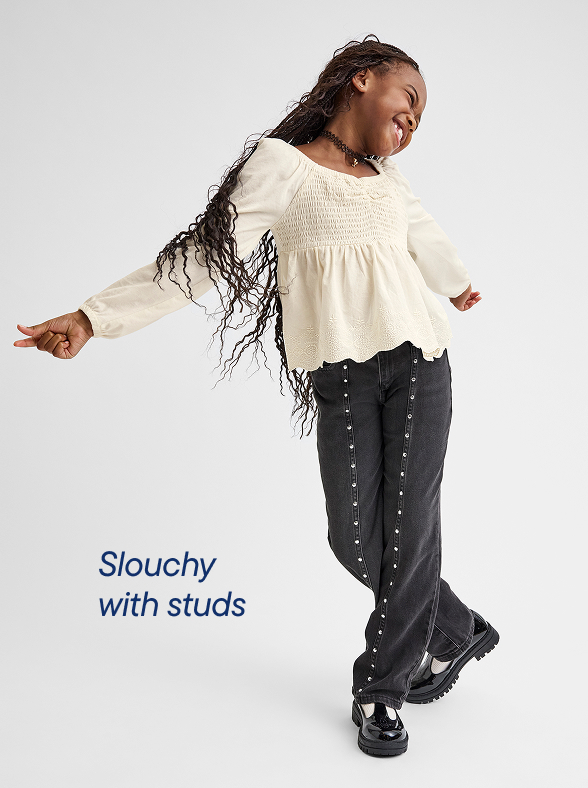 Girls Studded Seam Slouchy Jeans - denim