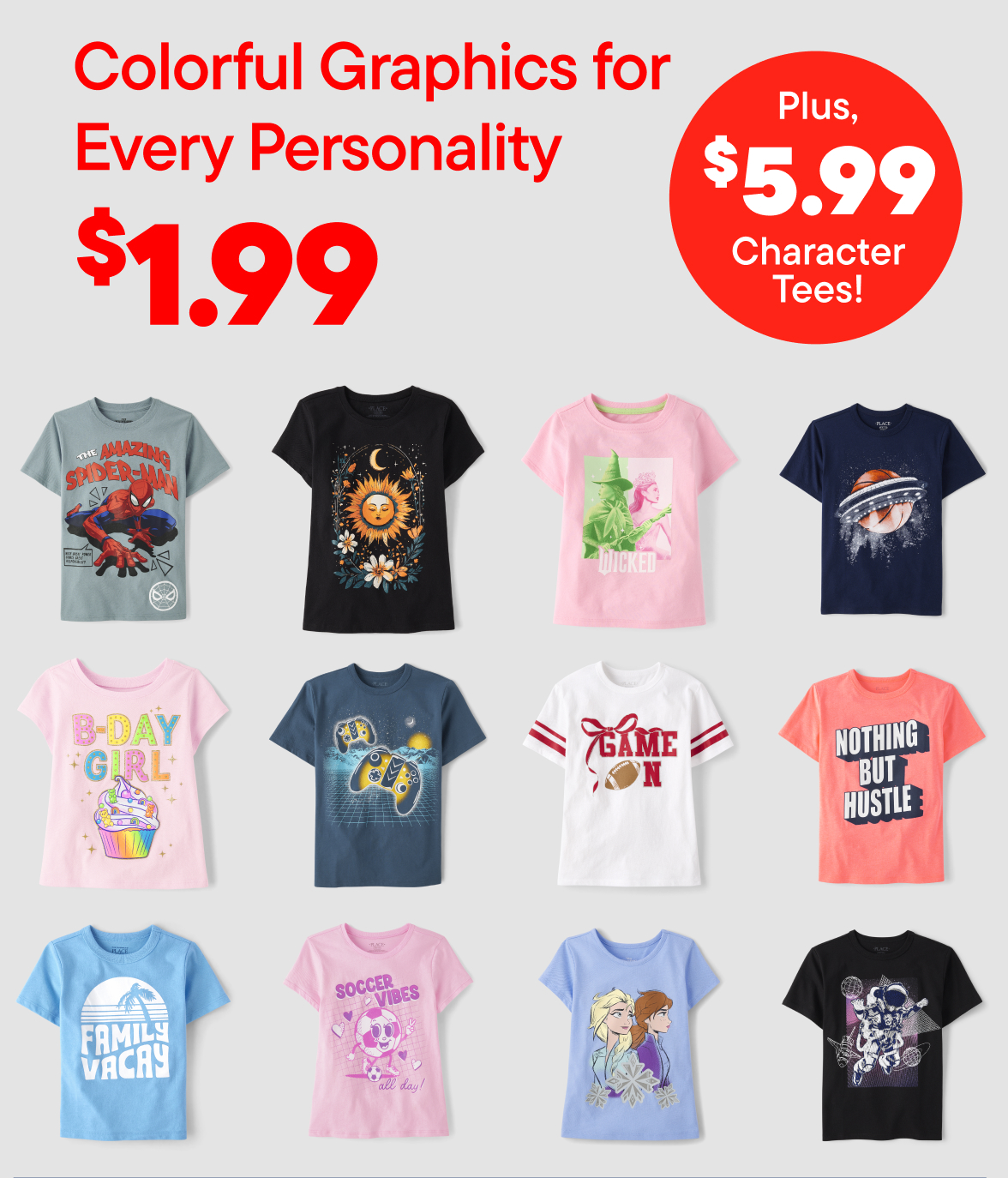 $1.99 Clearance Tees, $5.99 Character Tees