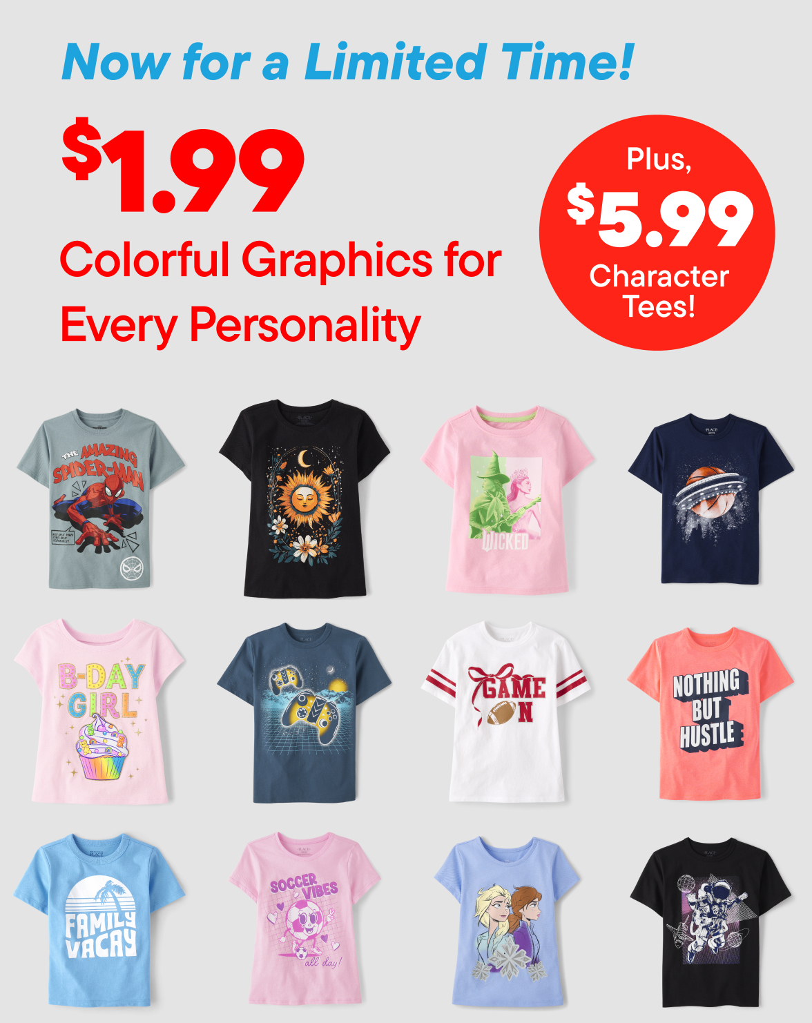 $1.99 Clearance Tees, $5.99 Character Tees