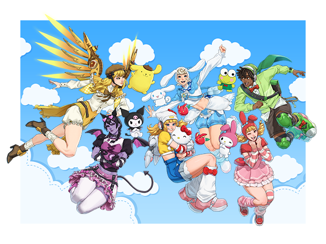 A cartoon illustration of various Overwatch Heroes posing with aesthetically matched Sanrio characters.