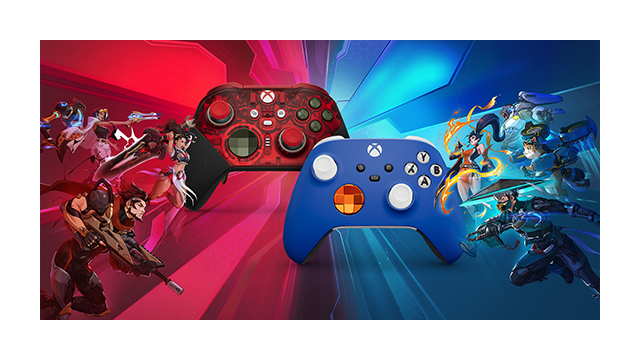 Heroes from Talon and Overwatch prepare to clash alongside Xbox Wireless Controllers customized to match each side's aesthetic.