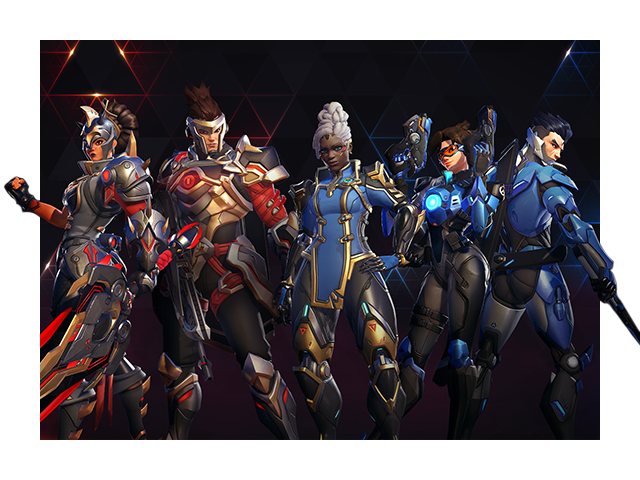 Art showcasing new cosmetics for Talon and Overwatch Heroes.