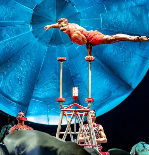 An acrobat performs a one-arm handstand on tall canes under a large blue stage prop, while two performers look on during Cirque du Soleil: Luzia.