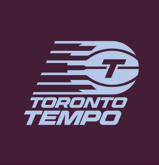 Toronto Tempo logo in light blue on a maroon background, featuring a stylized letter 
