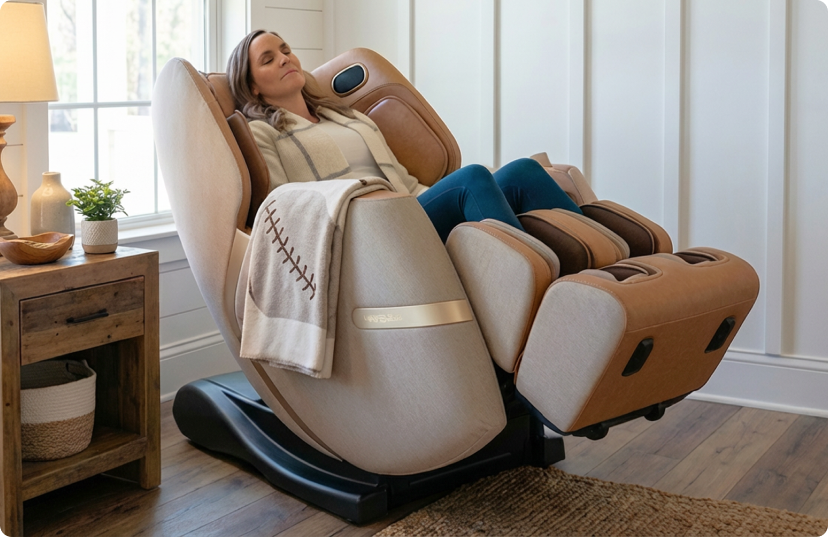 Woman relaxing in Positive Posture massage chair at home.