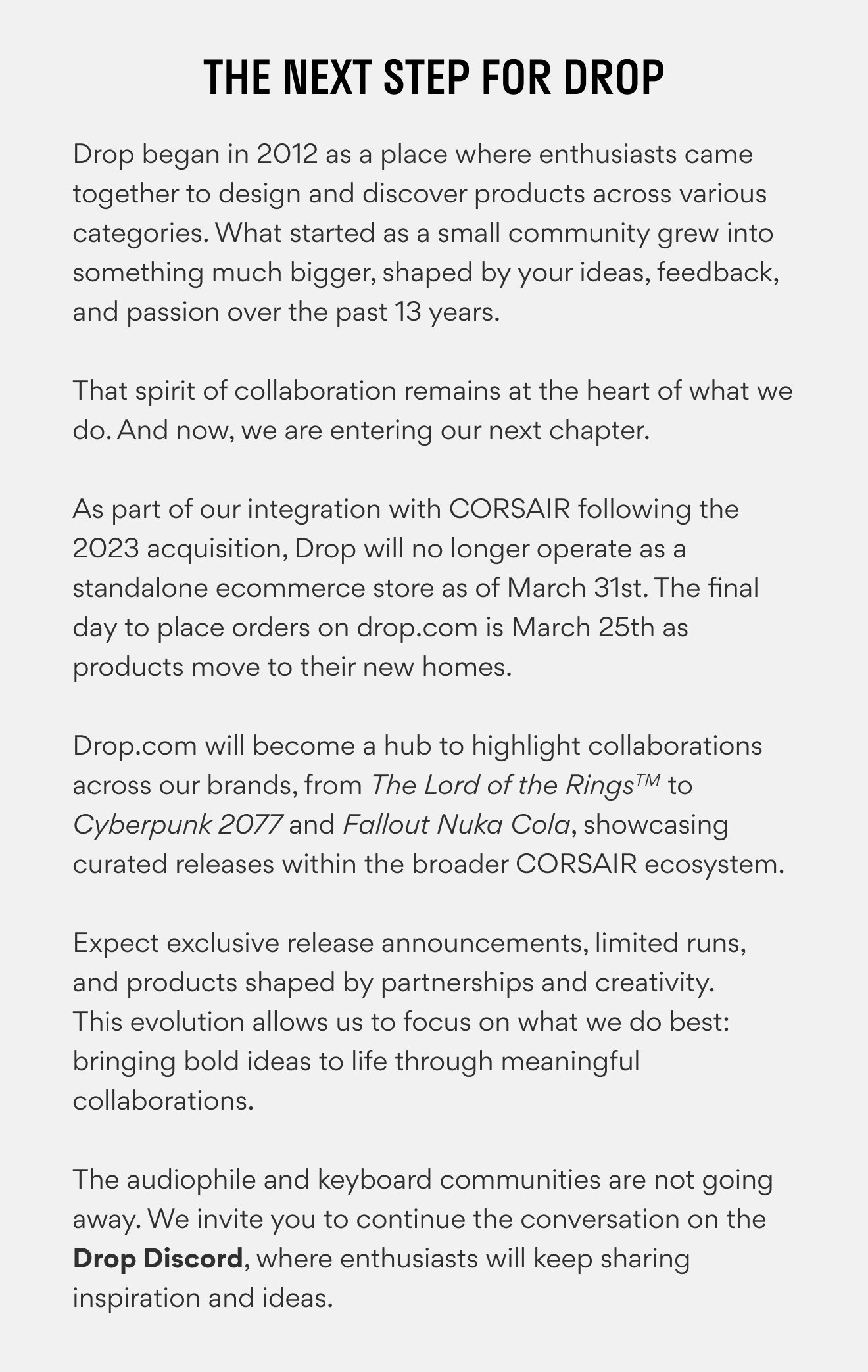 A Message to the Drop Community