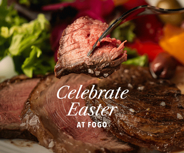 Three images rotating in GIF format: a fire-roasted cut being selected, A family at the Market table, an array of Market Table dishes. GIF is displayed against the caption 'Celebrate Easter at Fogo.'