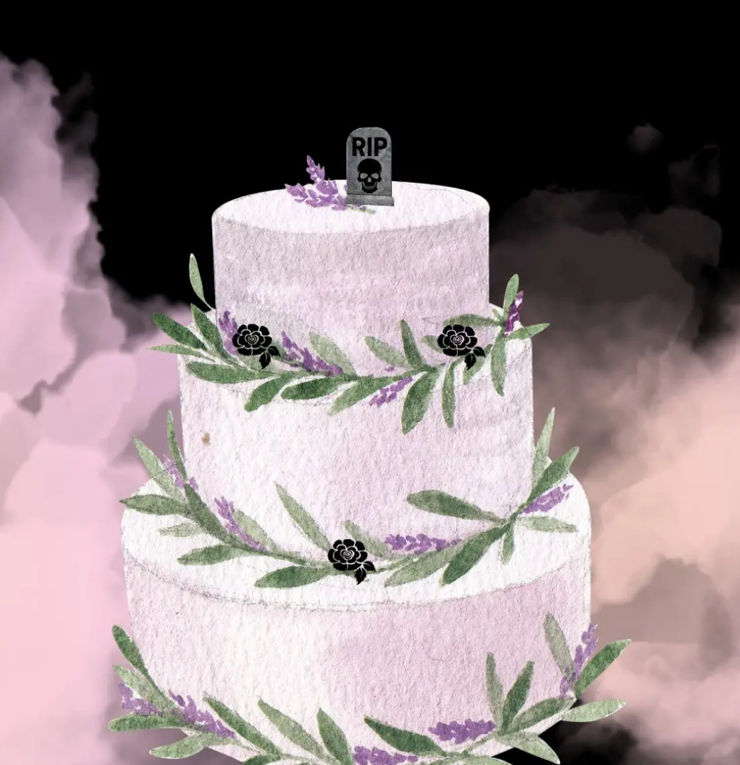 Two-tier white cake decorated with floral greenery and lavender accents, topped with a small tombstone reading “RIP,” set against a smoky dark background.