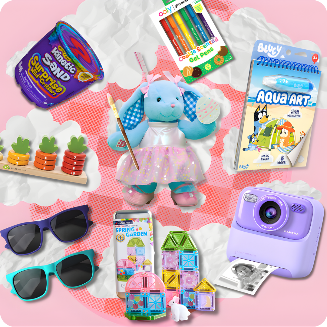 a collage of 2026 easter basket fillers like a bunny, camera, magnetic tiles, a stuffy, kinetic sand, and sunglasses