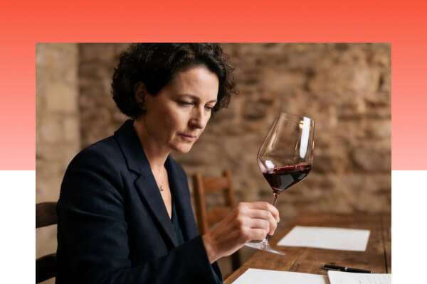Wine critic examining a glass of red wine