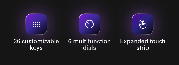 36 customizable keys, 6 multifunction dials, Expanded touch strip