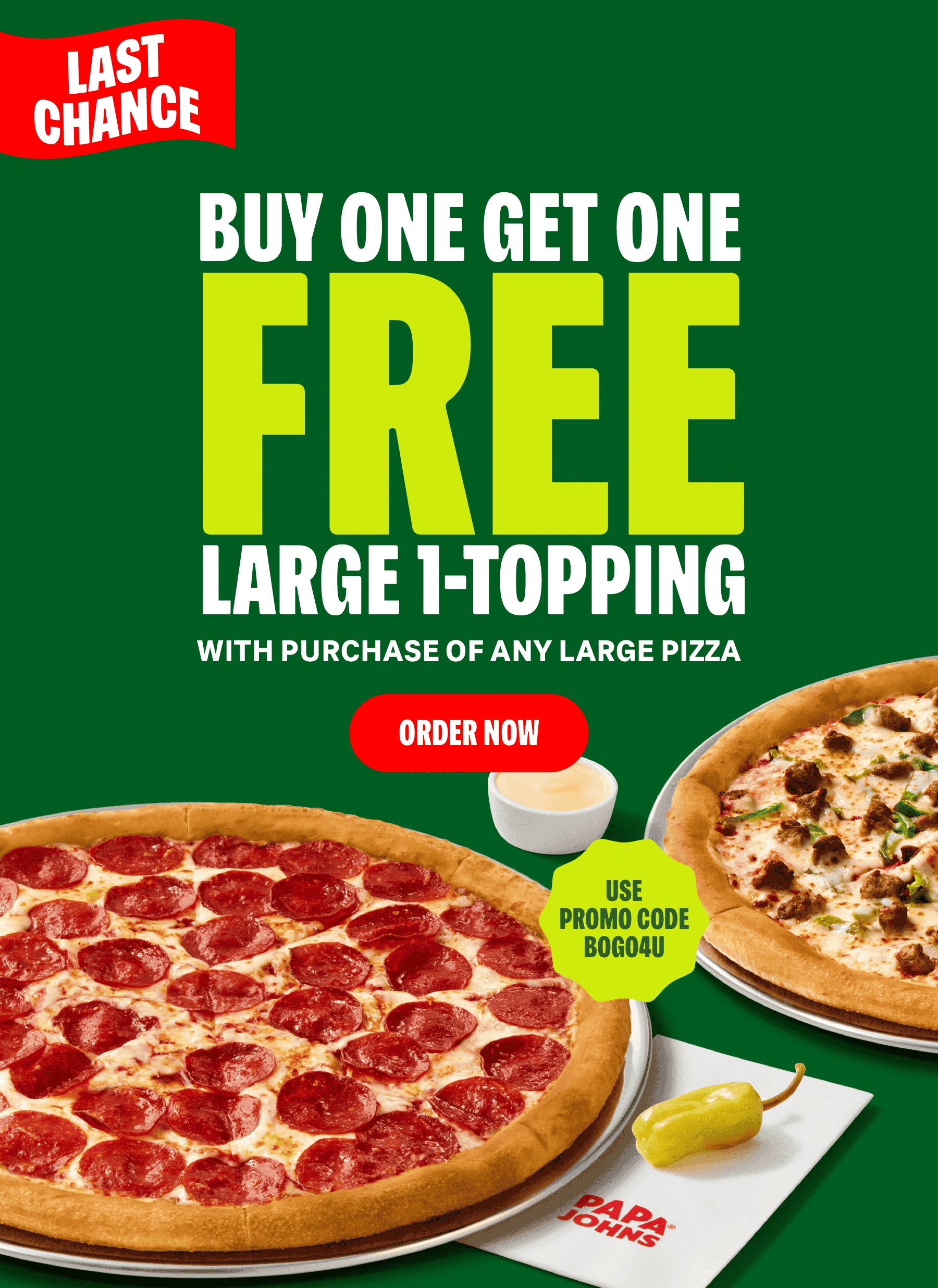 Buy One Get One Free Large 1-Topping with any Large Pizza