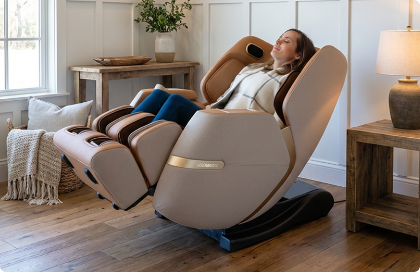 Woman relaxing at home in Positive Posture massage chair