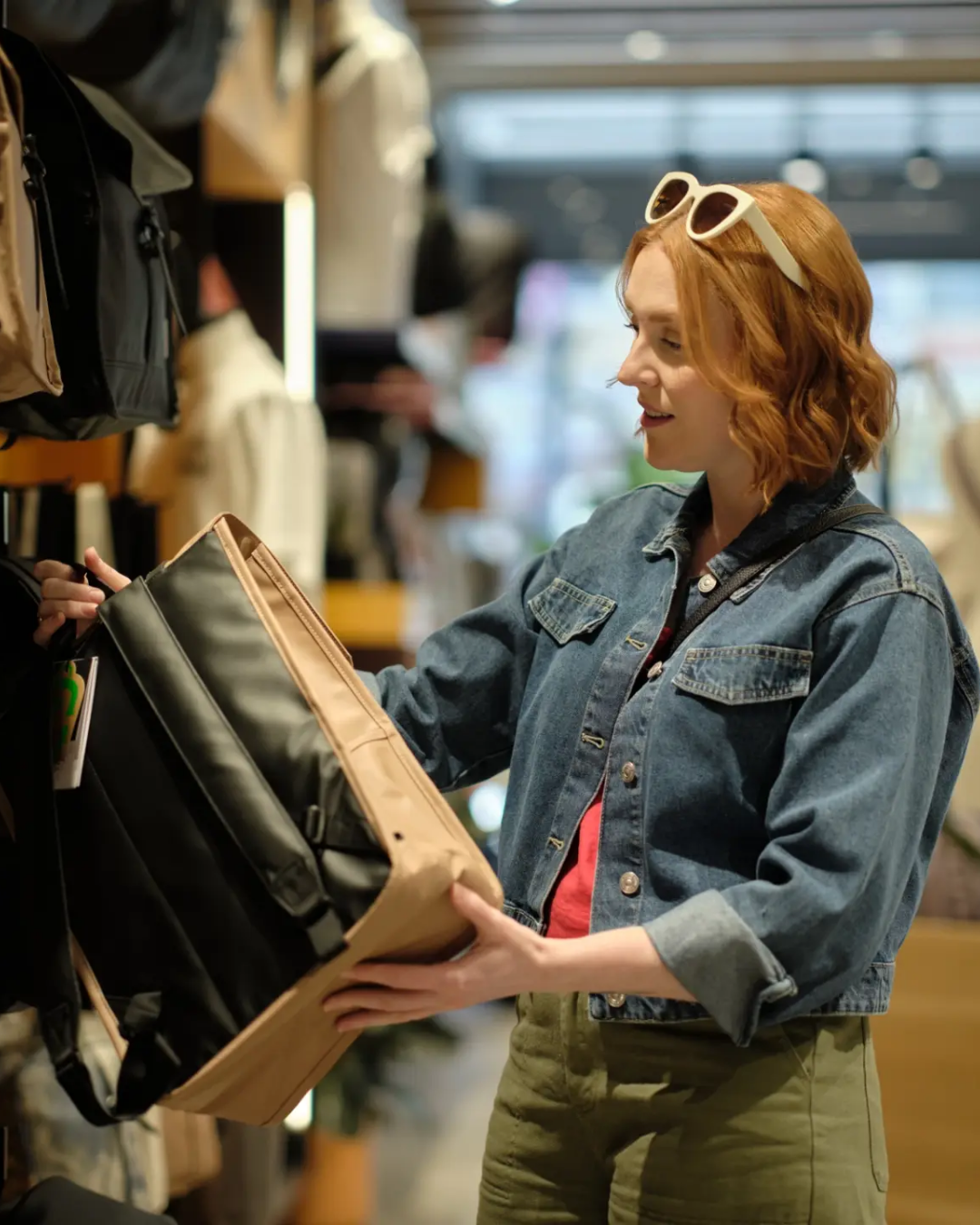 A woman wearing a denim jacket looks at a backpack while shopping in a Vancouver retail store.