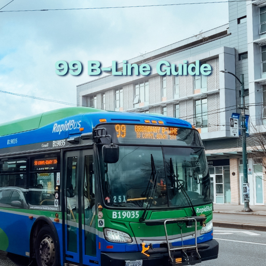 A TransLink RapidBus on the 99 B-Line route travels along a Vancouver street, with the text “99 B-Line Guide.