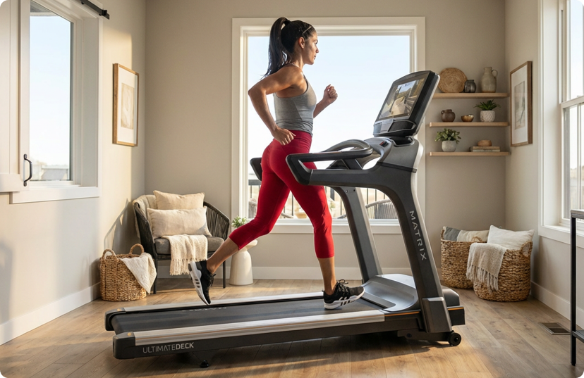 Woman in red leggings running on a Matrix treadmill at home
