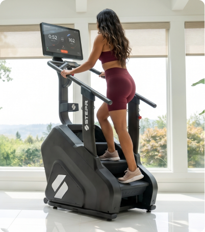 Woman in burgundy outfit climbing the STEPR PRO Plus