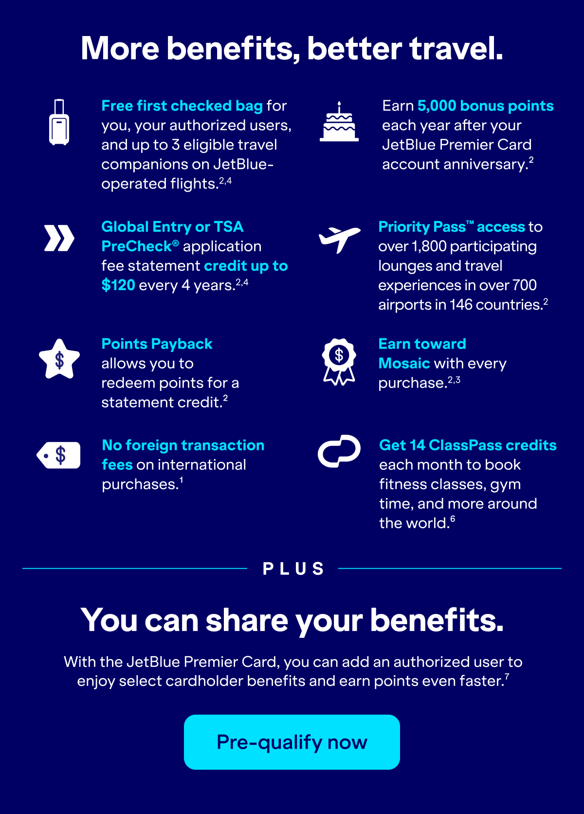 More benefits, better travel. Free first checked bag for you, your authorized users, and up to 3 eligible travel companions on JetBlue-operated flights (2,4). Earn 5,000 bonus points each year after your JetBlue Premier Card account anniversary (2). Global Entry or TSA PreCheck® application fee statement credit up to $120 every 4 years (2,4). Priority Pass™ access to over 1,800 participating lounges and travel experiences in over 700 airports in 146 countries (2). Points Payback allows you to redeem points for a statement credit (2). Earn toward Mosaic with every purchase (2,3). No foreign transaction fees on international purchases (1). Get 14 ClassPass credits each month to book fitness classes, gym time, and more around the world (6). PLUS You can share your benefits. With the JetBlue Premier Card, you can add an authorized user to enjoy select cardholder benefits and earn points even faster (7). Pre-qualify now.