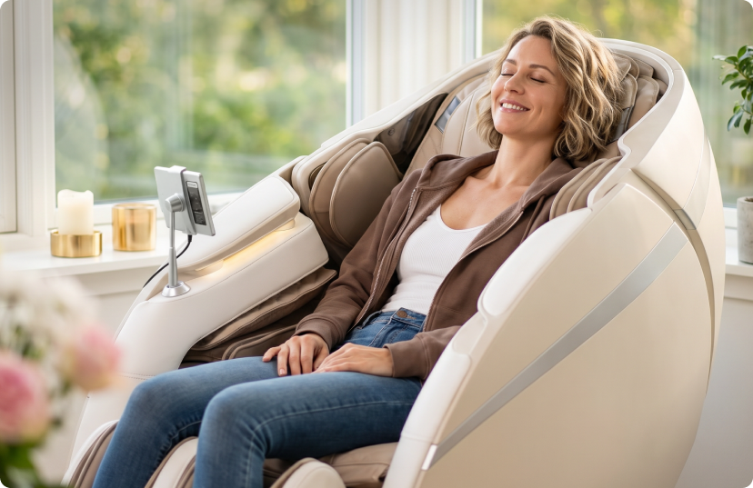 Woman relaxing at home in a Osaki massage chair in living room