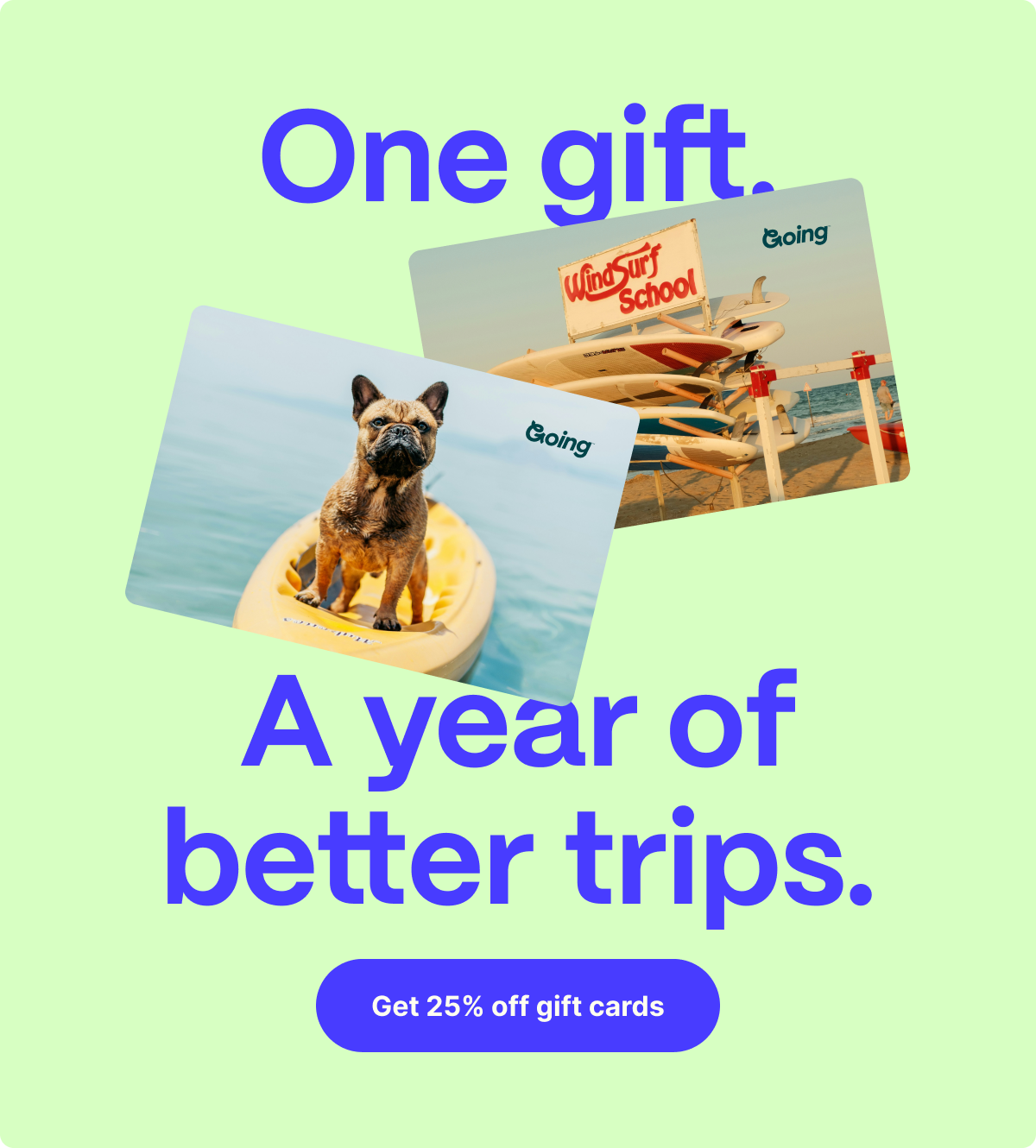 One gift. A year of better trips. Get 25% off gift cards