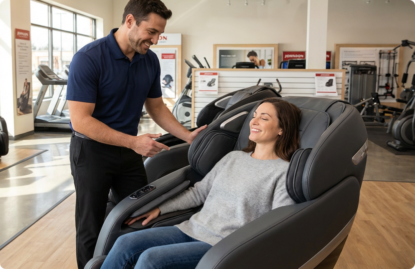 JFW customer rep helps Woman try out massage chairs in the Johnson showroom