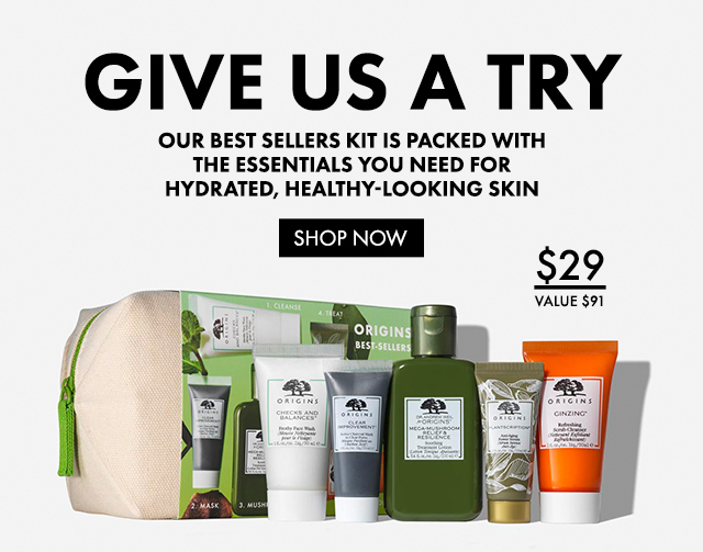 GIVE US A TRY Our Best Sellers kit is packed with the essentials you need for hydrated, healthy-looking skin - SHOP NOW