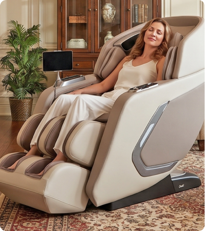 Woman in all white relaxing in Osaki DuoMax massage chair at home
