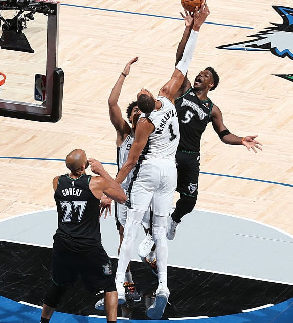 Victor Wembanyama blocks Anthony Edwards.