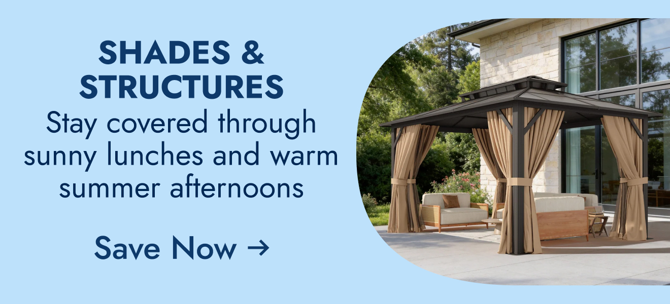 Shades & structures--stay covered through sunny lunches and warm summer afternoons