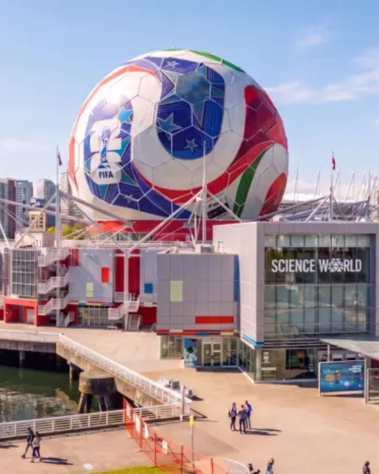 Science World in Vancouver transformed with a giant FIFA World Cup soccer ball installation along the False Creek waterfront.