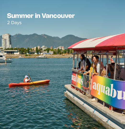 Summer in Vancouver itinerary cover featuring people riding an Aquabus on False Creek with kayakers on the water and the North Shore Mountains in the background under a clear blue sky.