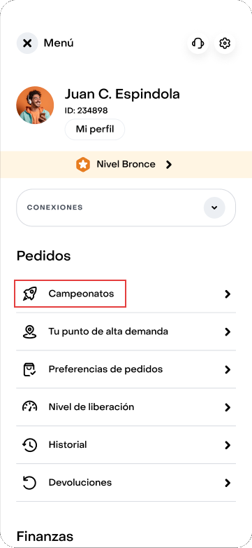 App Rappi — Menú → Campeonatos