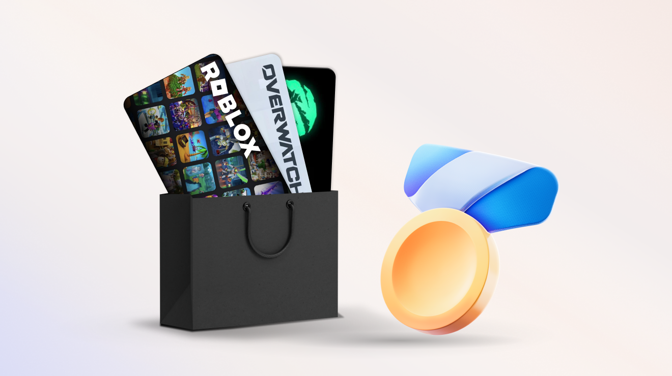 Three gift cards inside a shopping bag next to the Rewards medal icon. 