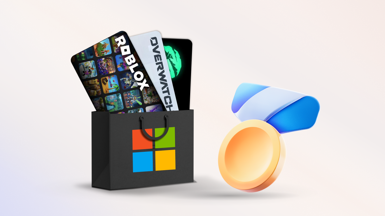 Three gift cards inside a shopping bag next to the Rewards medal icon. 