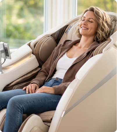 Woman relaxing in Osaki DuoMax massage chair in sunny living room