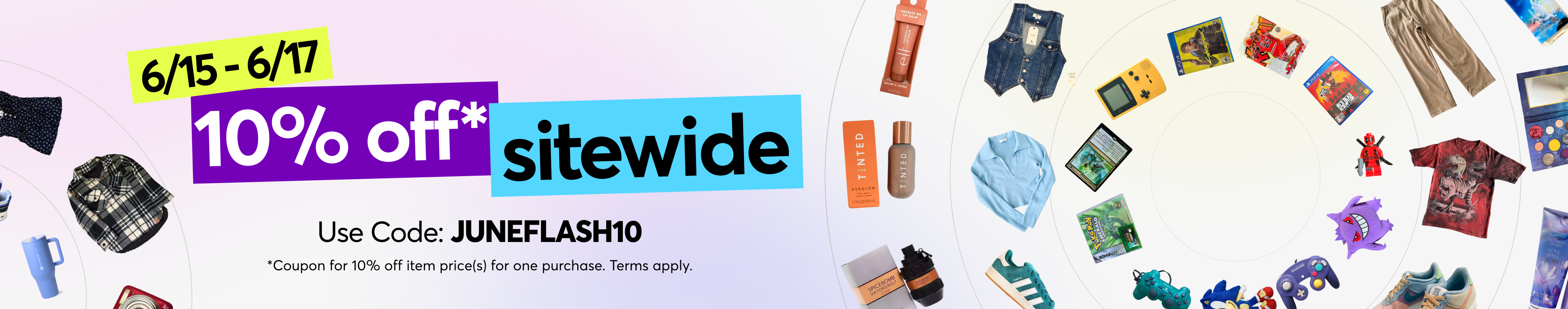 Mercari June Flash Sale: use code JUNEFLASH10 for 10% off one eligible purchase (June 15 - June 17, 2026). Terms apply.