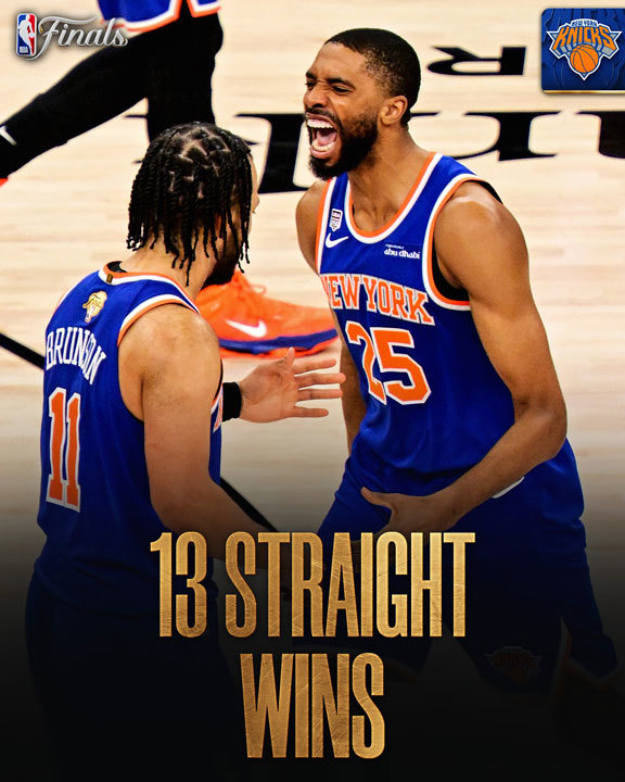 Jalen Brunson and Mikal Bridges celebrate. The caption reads "13 straight wins."