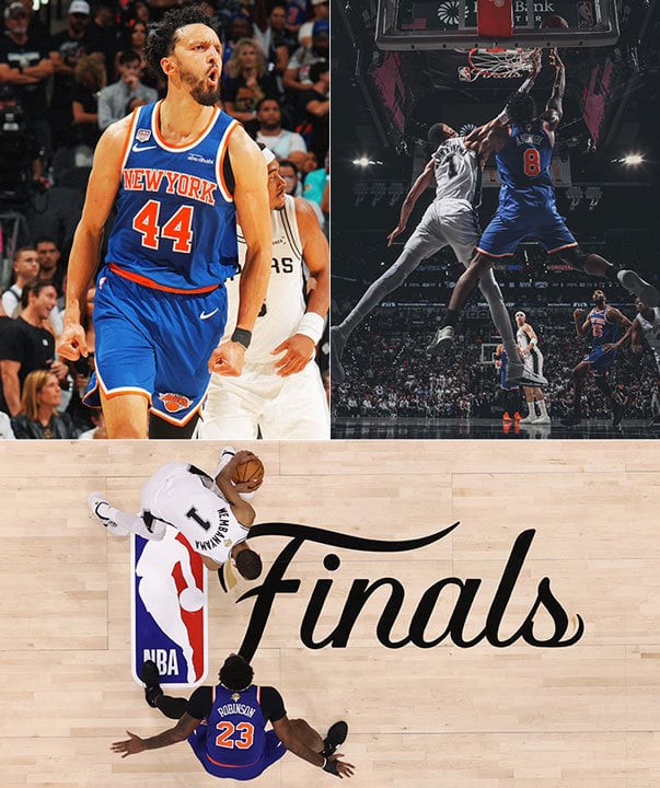 From top left: Landry Shamet celebrates, OG Anunoby dunks on Victor Wembanyama, Mitchell Robinson defends Wembanyama on top of the Finals logo.