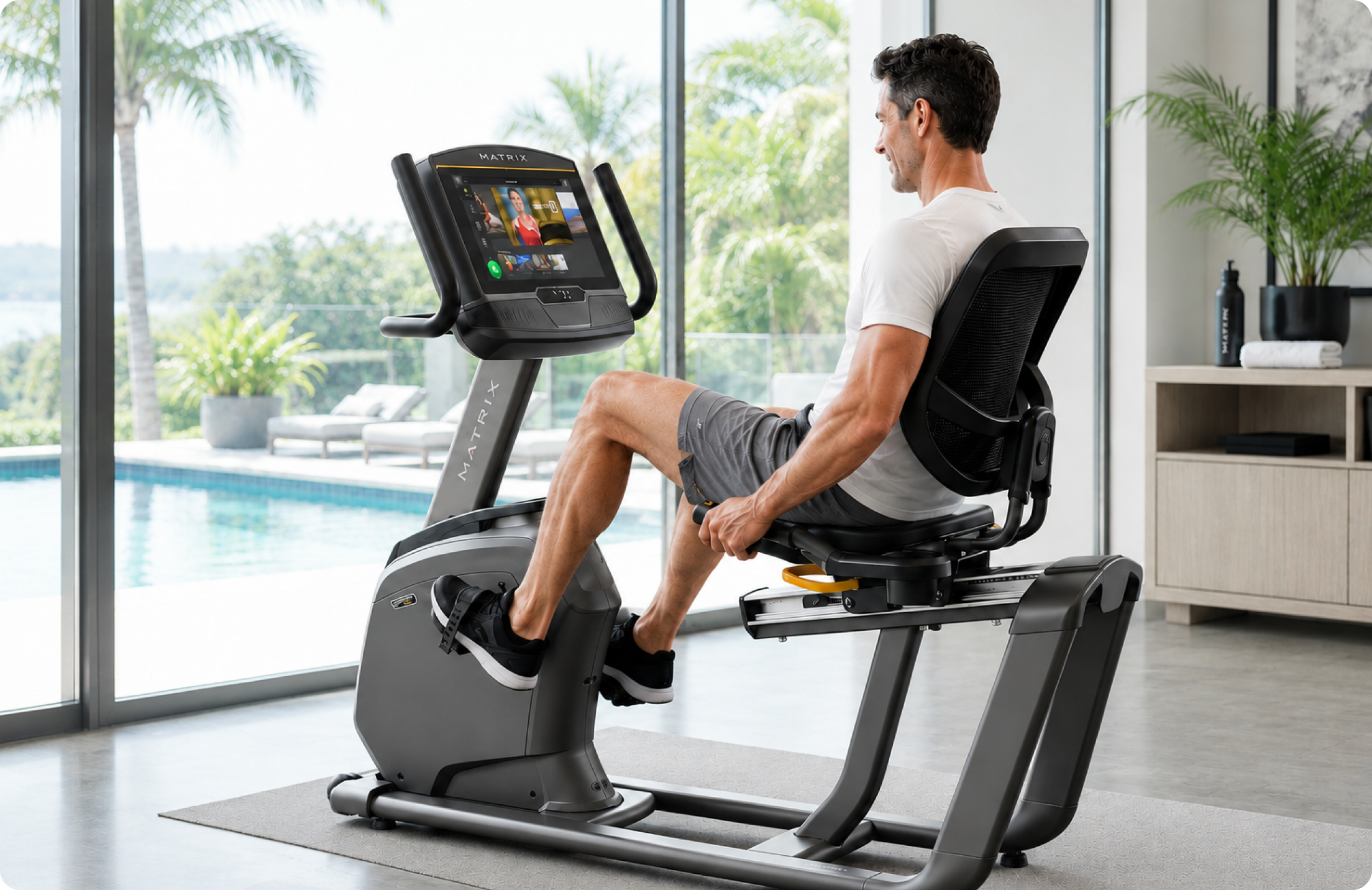 Man working out in the comfort of his home on a Matrix R50 Recumbent Bike.