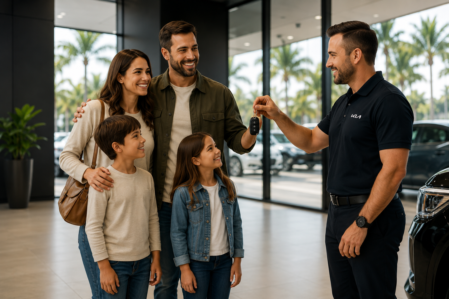 Family receiving keys to their new SUV at Phil Smith Kia