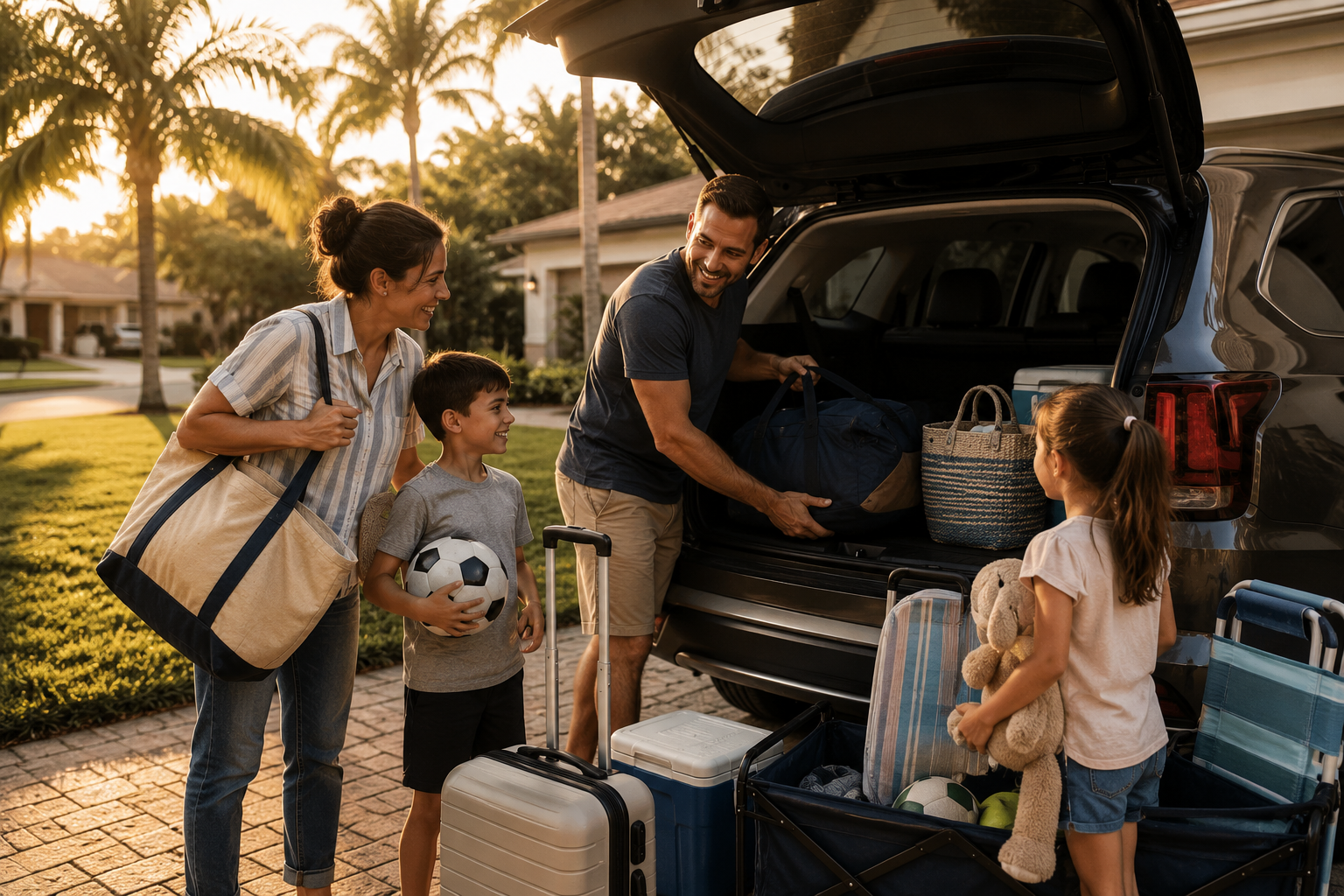 Family packing for a beach trip with luggage and weekend gear