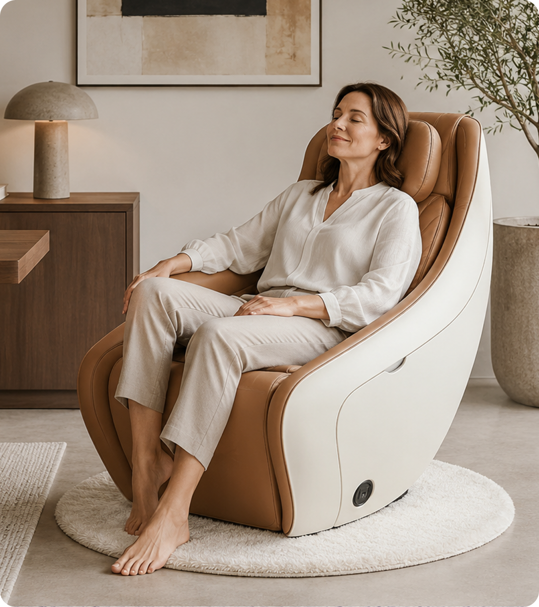 Woman relaxing in a massage chair at home.