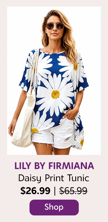 Lily by Firmiana Women’s Short Sleeve V-Neck Tunic Women’s Apparel White Navy Daisy Print
