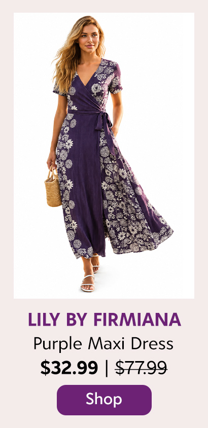 Lily by Firmiana Women’s Short Sleeve Maxi Dress Women’s Apparel Purple Cream Floral Print