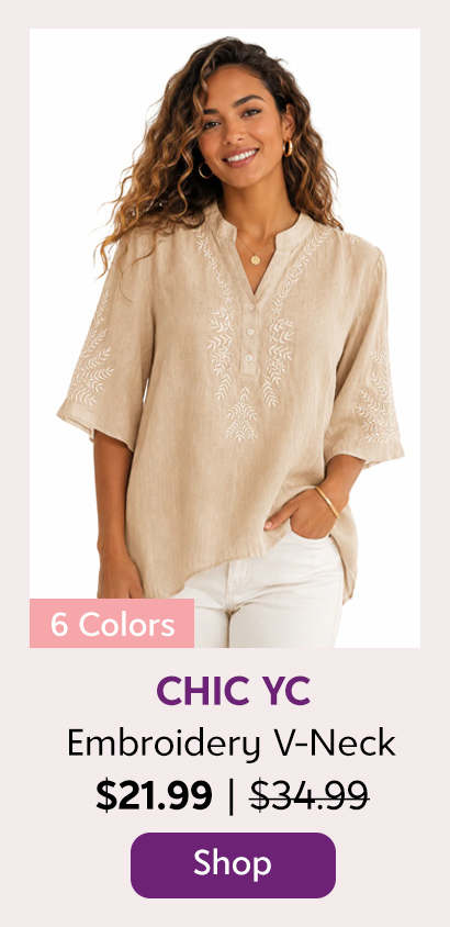 Chic YC Women's Embroidery V-Neck Half Sleeve Blouse Loose Summer Casual Boho Style Shirt