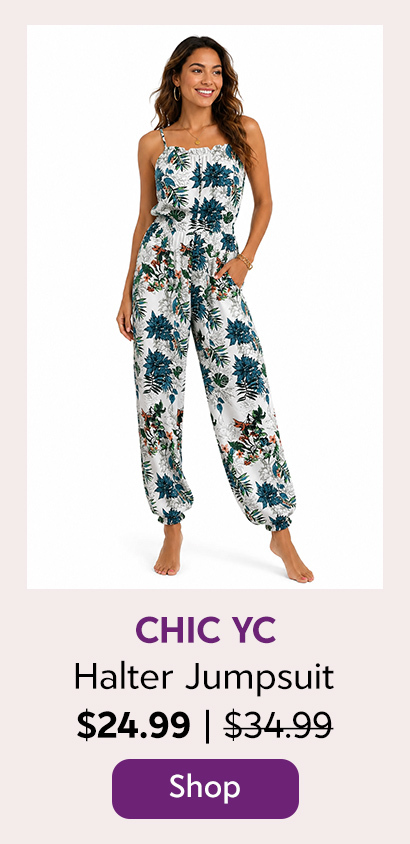 Chic YC Women's Tropical Print Halter Jumpsuit Summer Boho Sleeveless Wide-Leg Romper