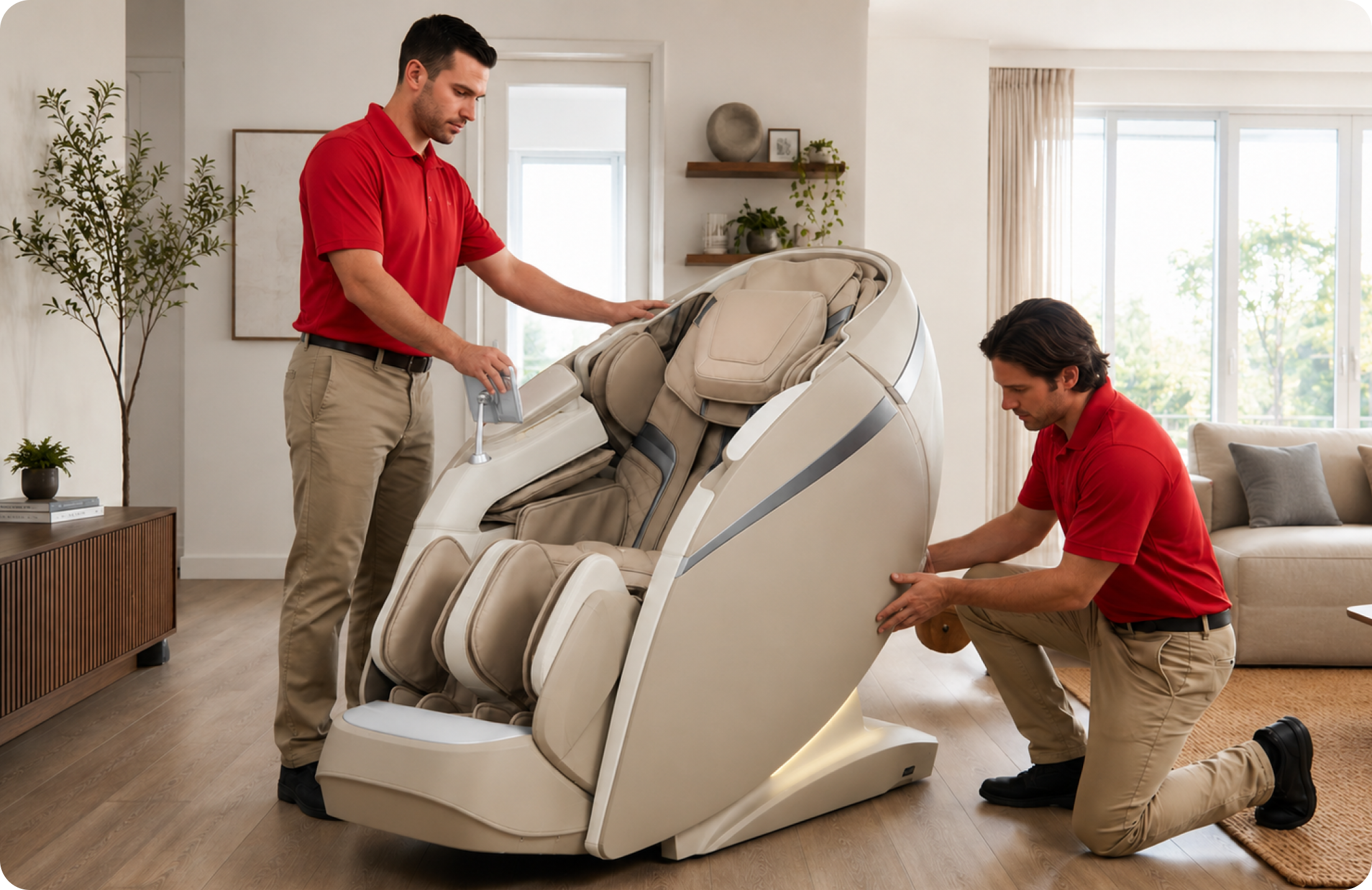 Johnson Fitness professionals delivering and assembling a massage chair in a customer's home.